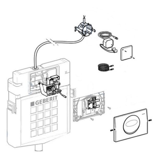 Geberit części zamienne do Systemu spłukiwania WC z elektronicznym uruchamianiem spłukiwania, zasilanie sieciowe, spłukiwanie jednoilościowe, przycisk uruchamiający Mambo, bezdotykowy produkcja 2003-2013
