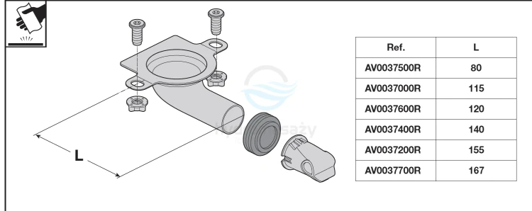 AV0037500R Roca KIT Kolano dopływowe L-80 z dystrybutorem Rimless , uszczelką i śrubami spłuczki-103234